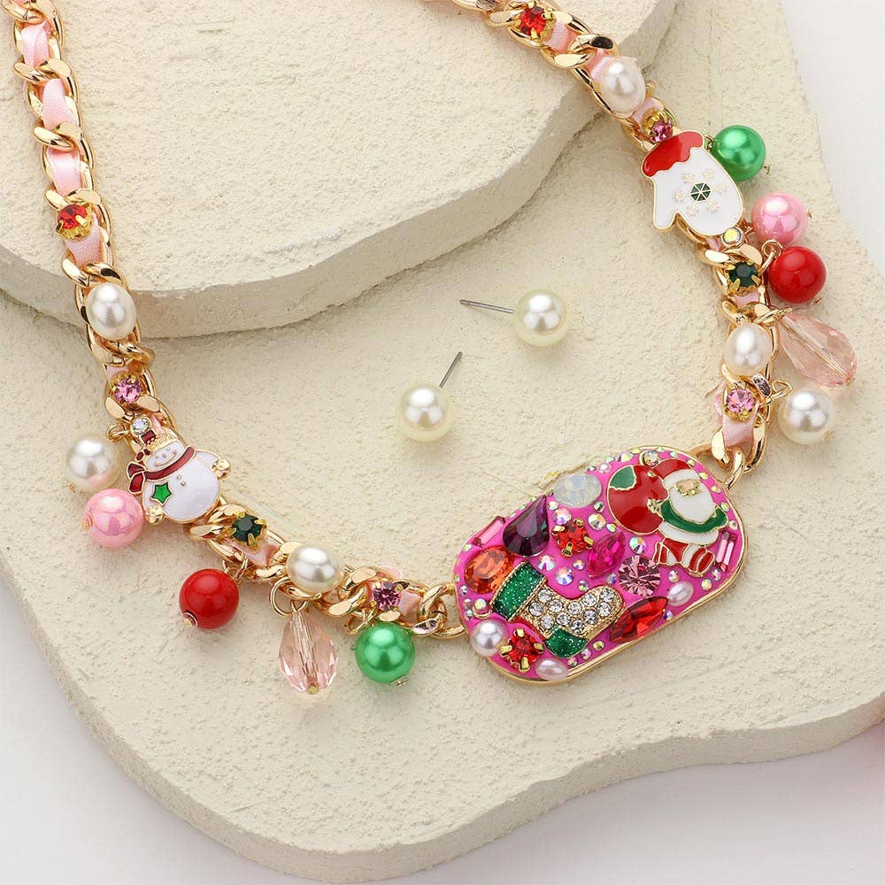 Christmas Plate Pendant Charm Ribbon Twisted Chain Necklace