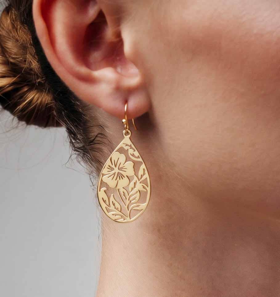 Darby Shiny Gold Plated Openwork Floral Teardrop Earring