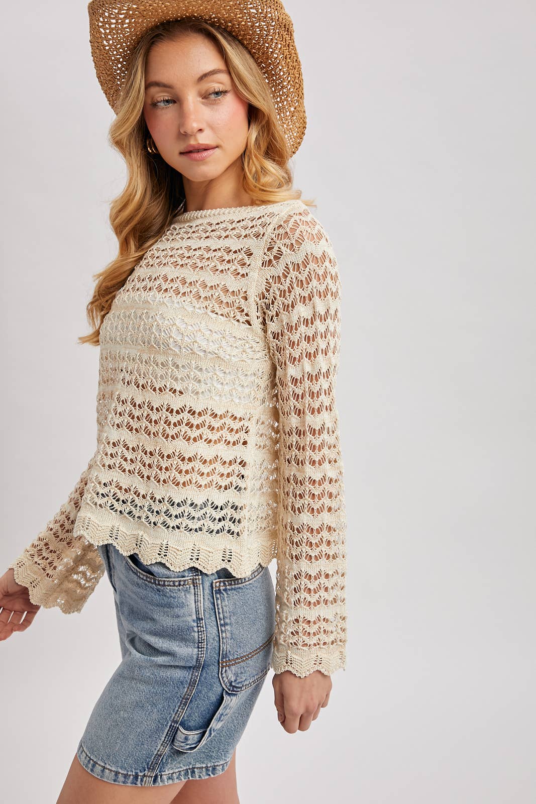 Valia Scallop Hem Pointelle Knit Top