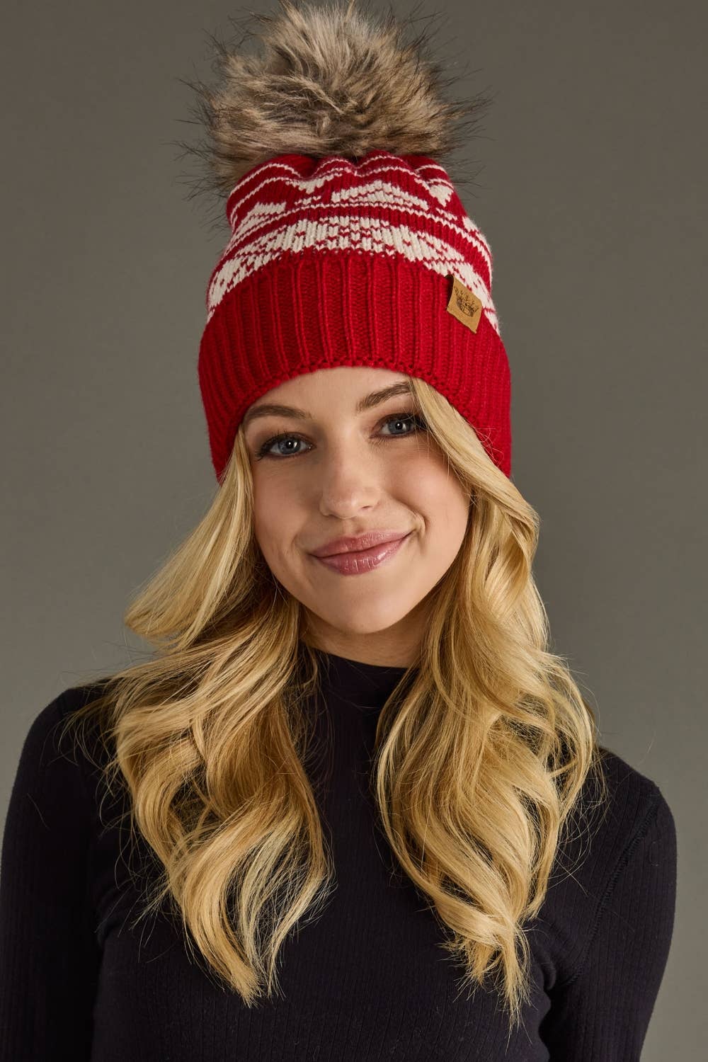 Lara Red & Cream Patterned Pom Hat