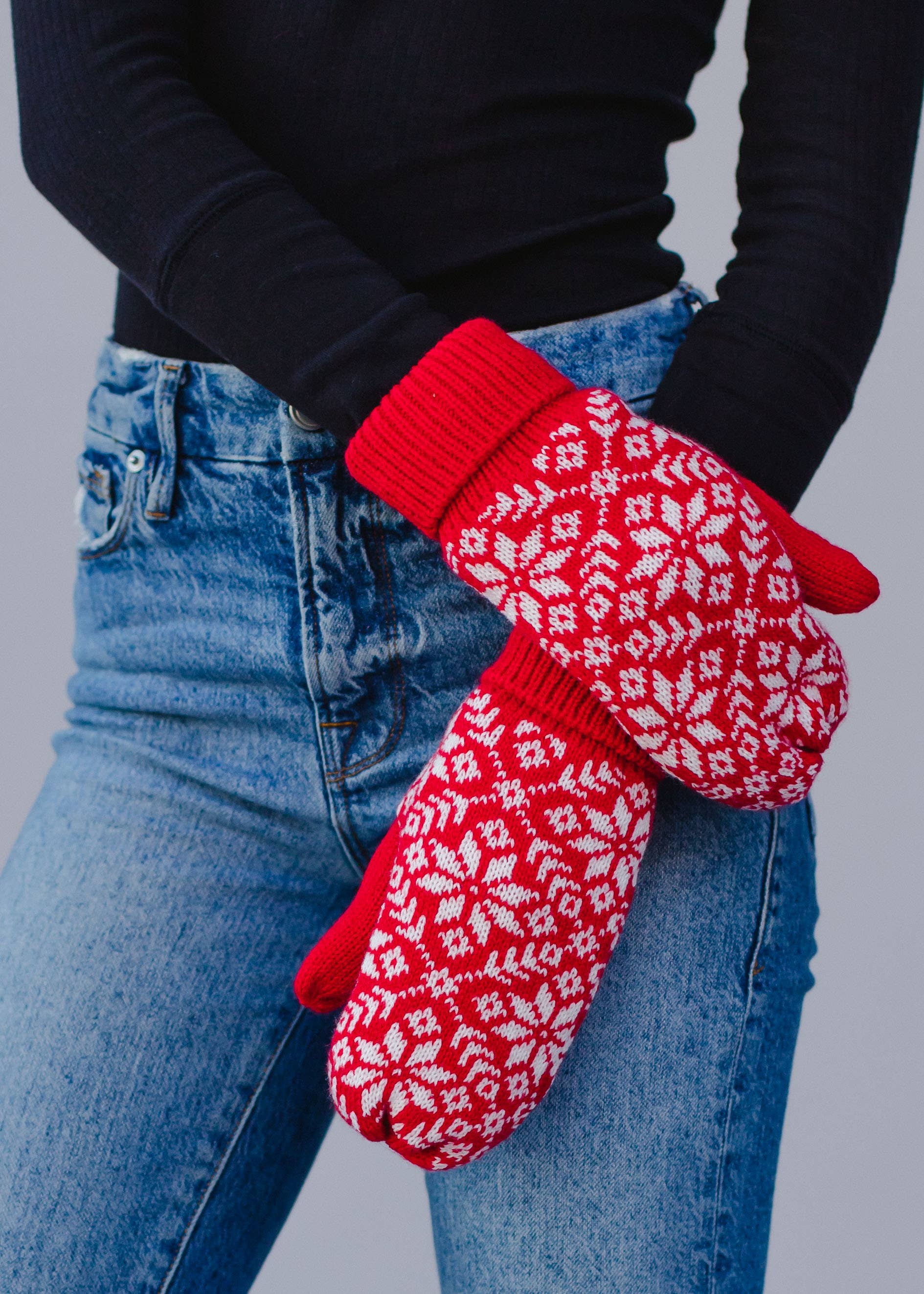 Remi Red & White Snowflake Knit Mittens