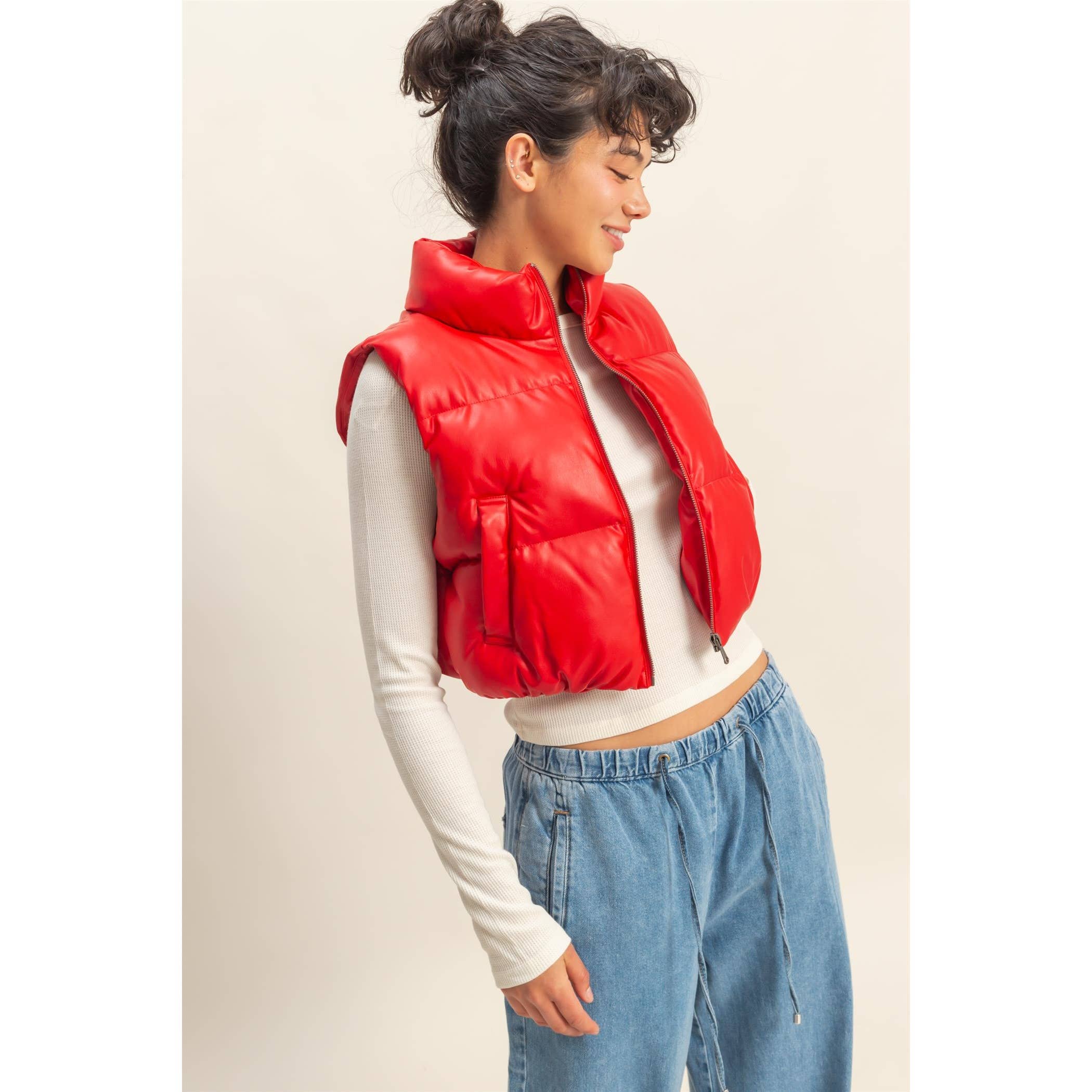 Hayden Faux Leather Cropped Puffer Vest