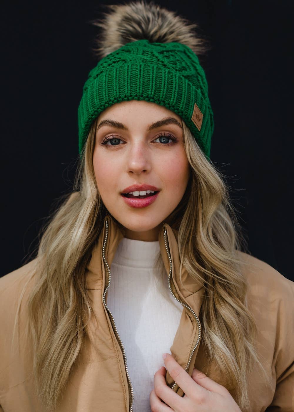 Luxi Classic Green Cable Knit Pom Hat