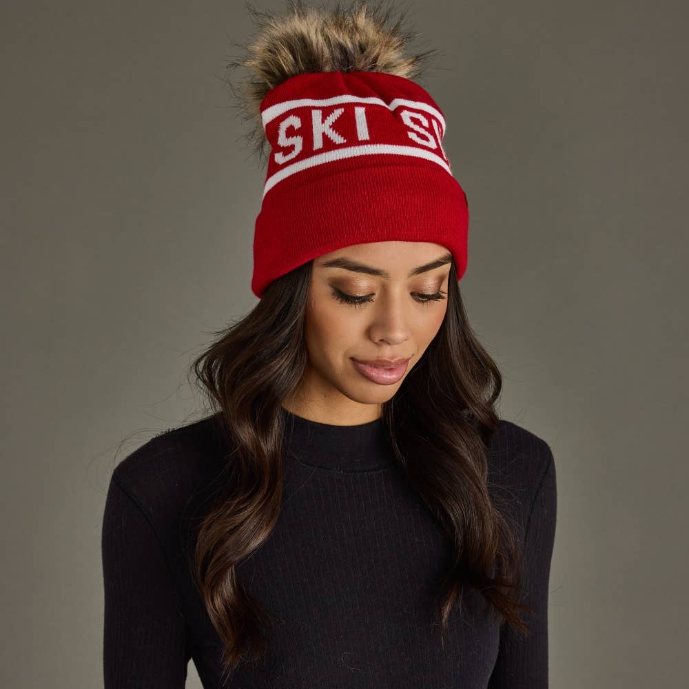 Liz Red & White Ski Pom Hat