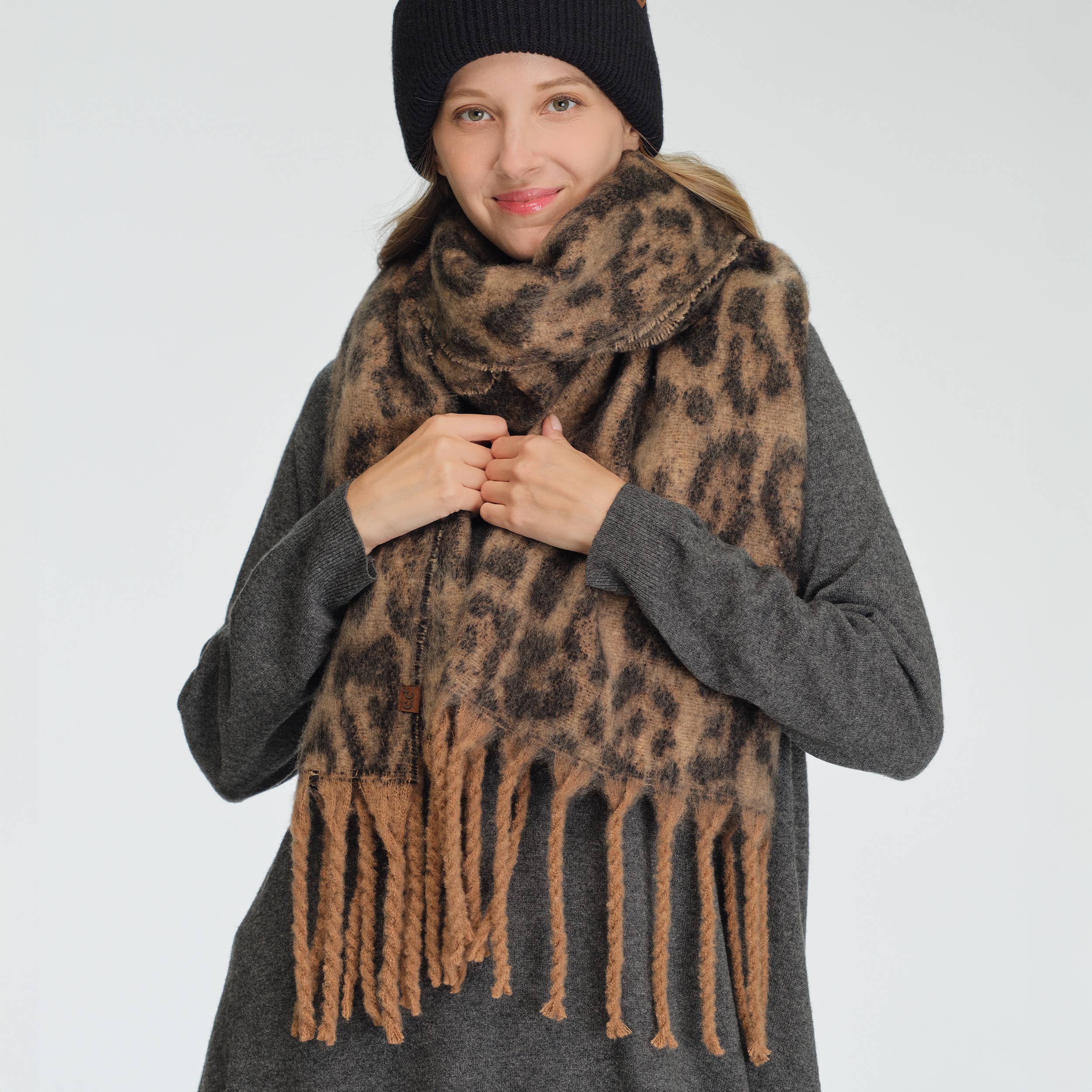 C.C Woven Leopard Pattern Print with Fringe Scarf