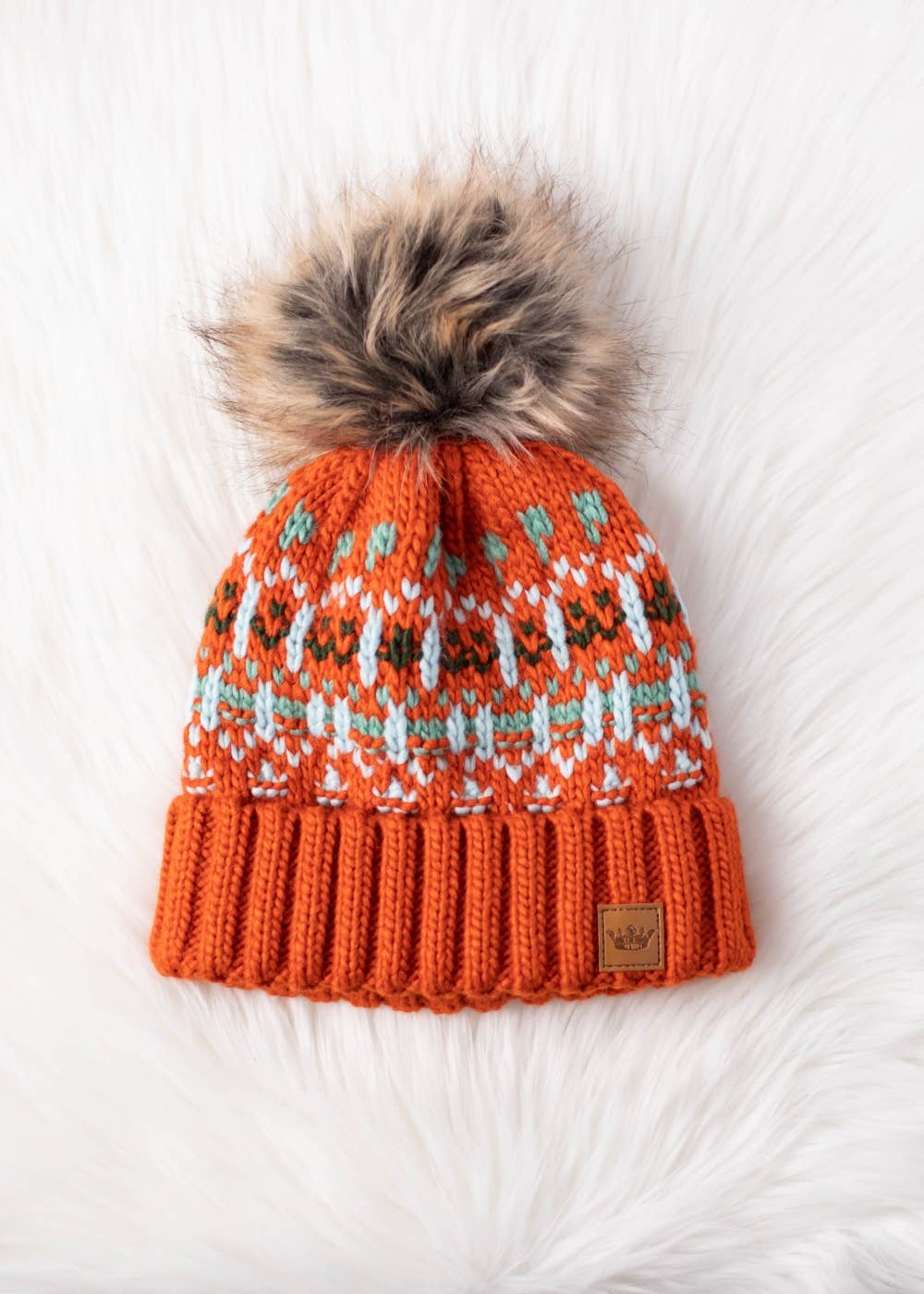Libby Orange, Lt. Blue, Mint & Olive Patterned Pom Hat