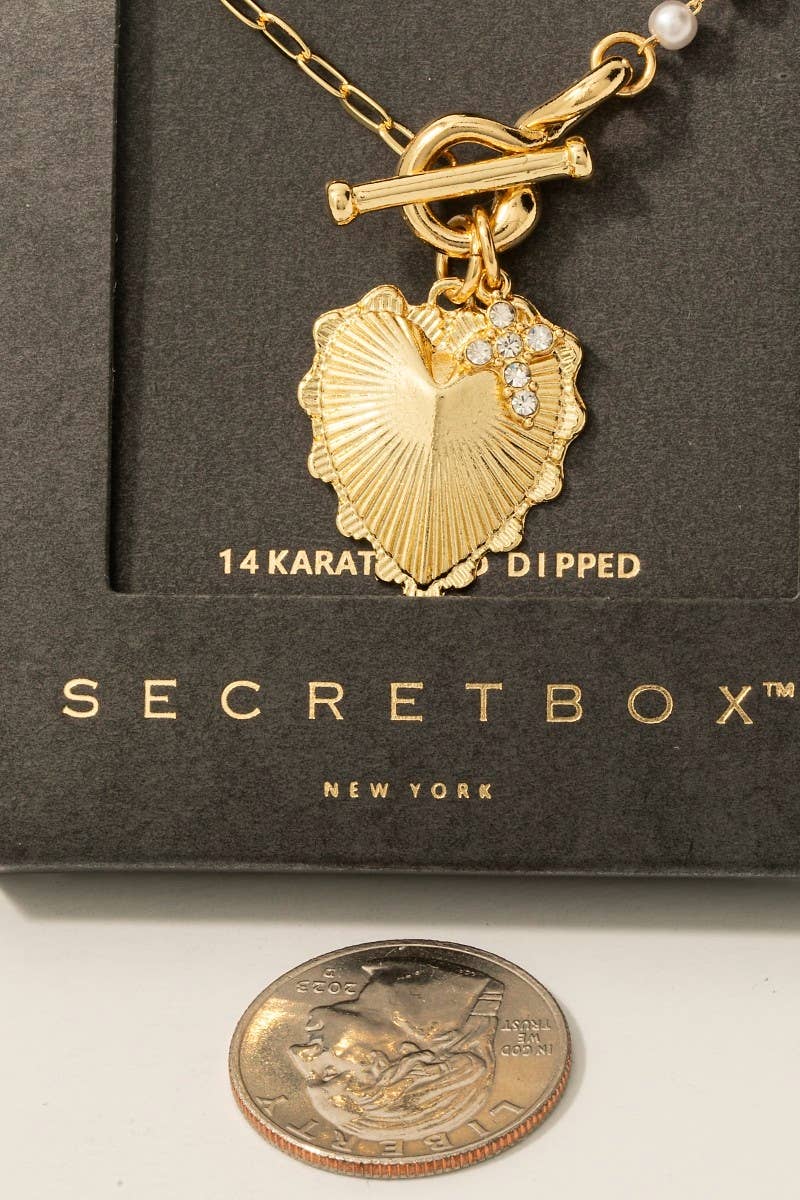 Aviss Secret Box Gold Dipped Heart And Cross Toggle Chain Necklace