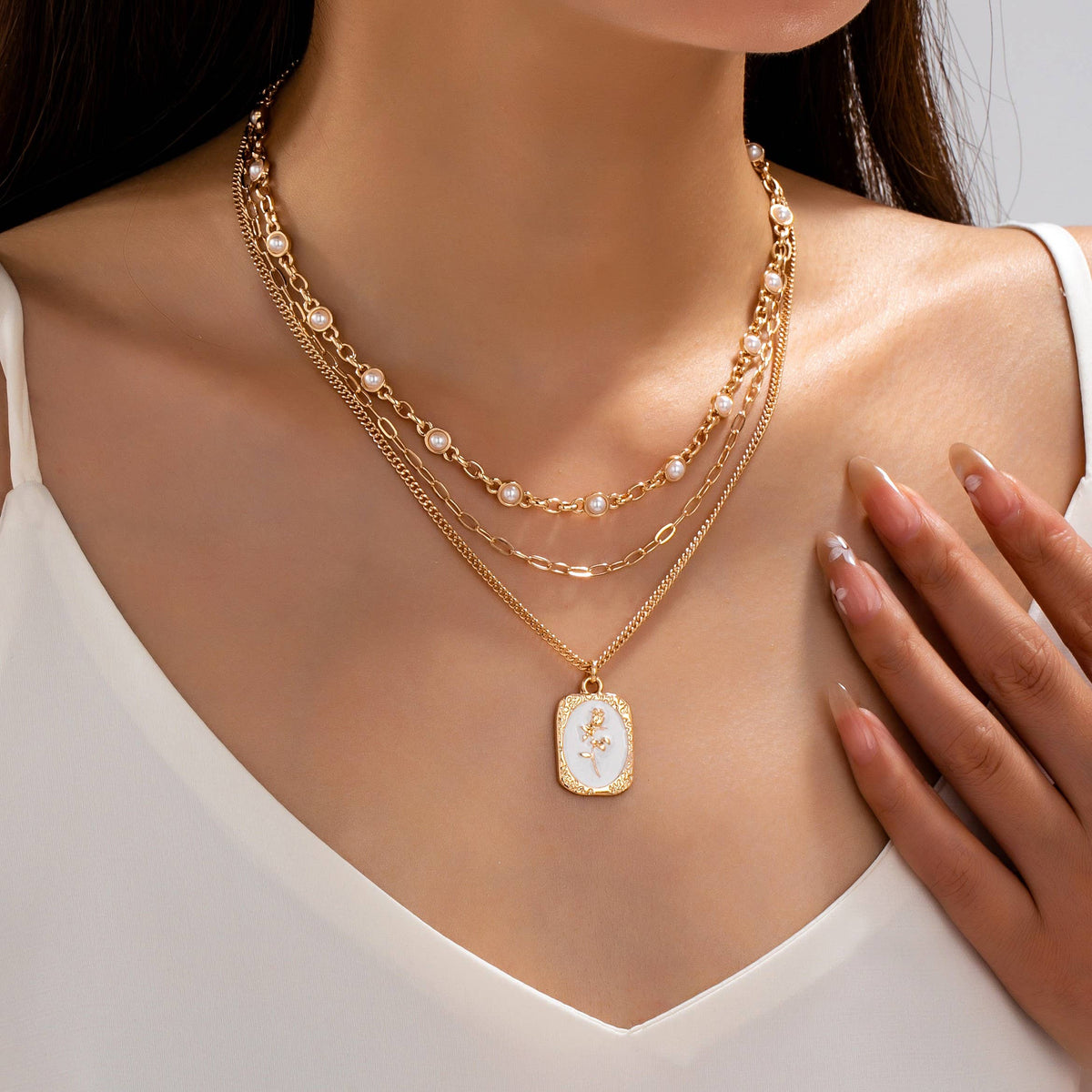 Chloe Layered Enamel Pearl & Rose Tag Pendant Necklace