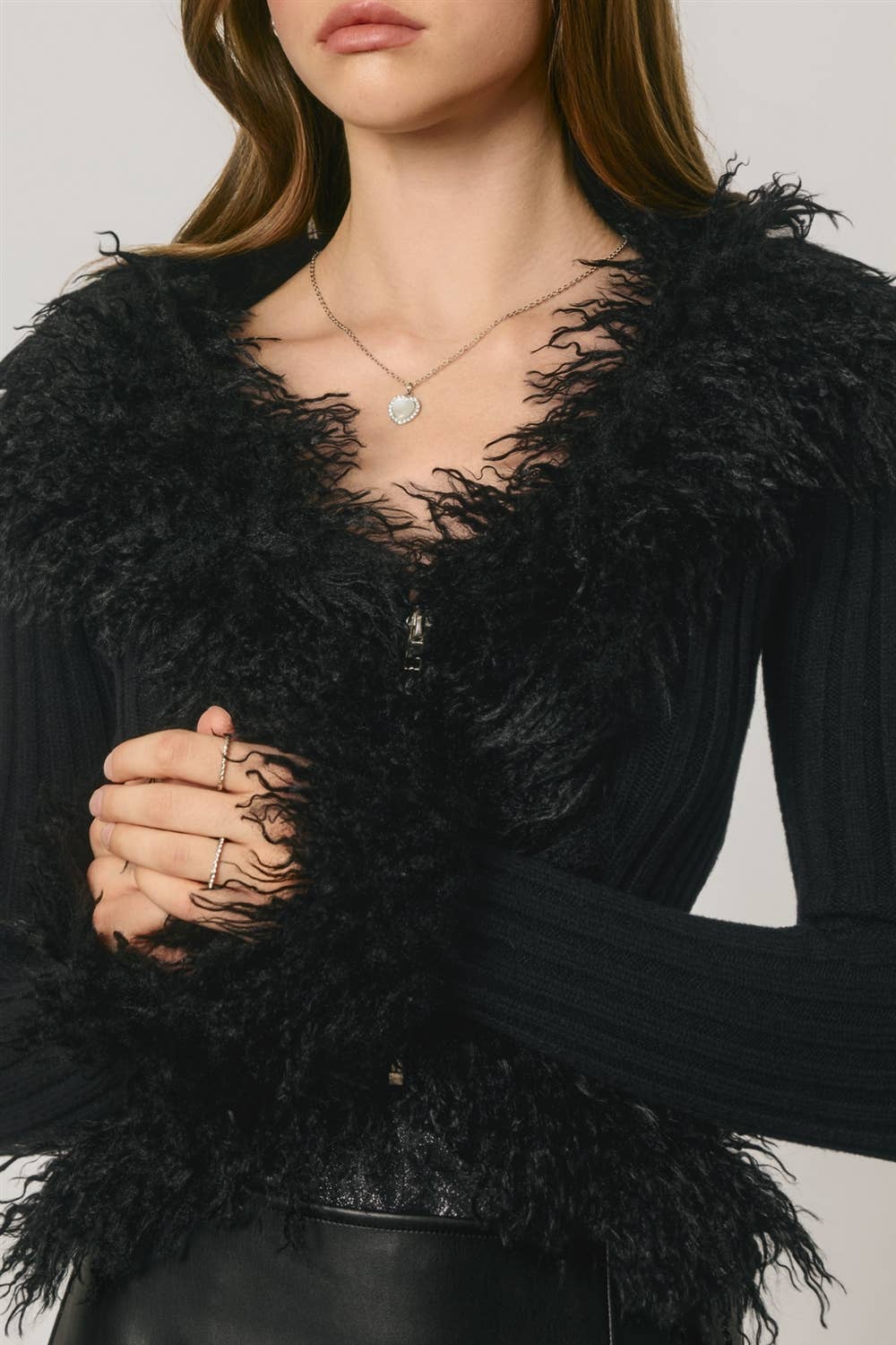 Reva Faux Fur Trim Zip Up Knit Cardigan