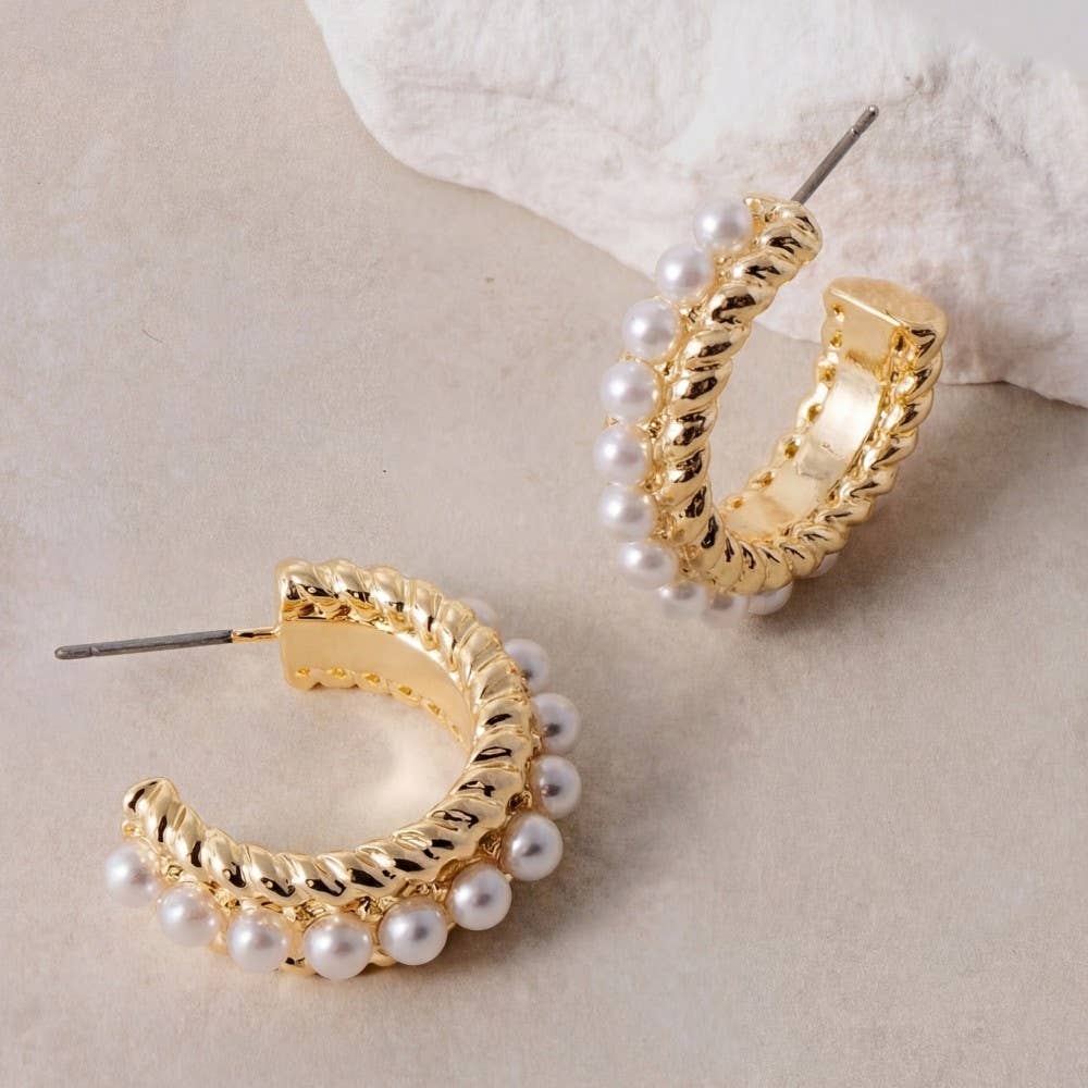 Pearl Fringe Twisted Gold Hoop Earrings