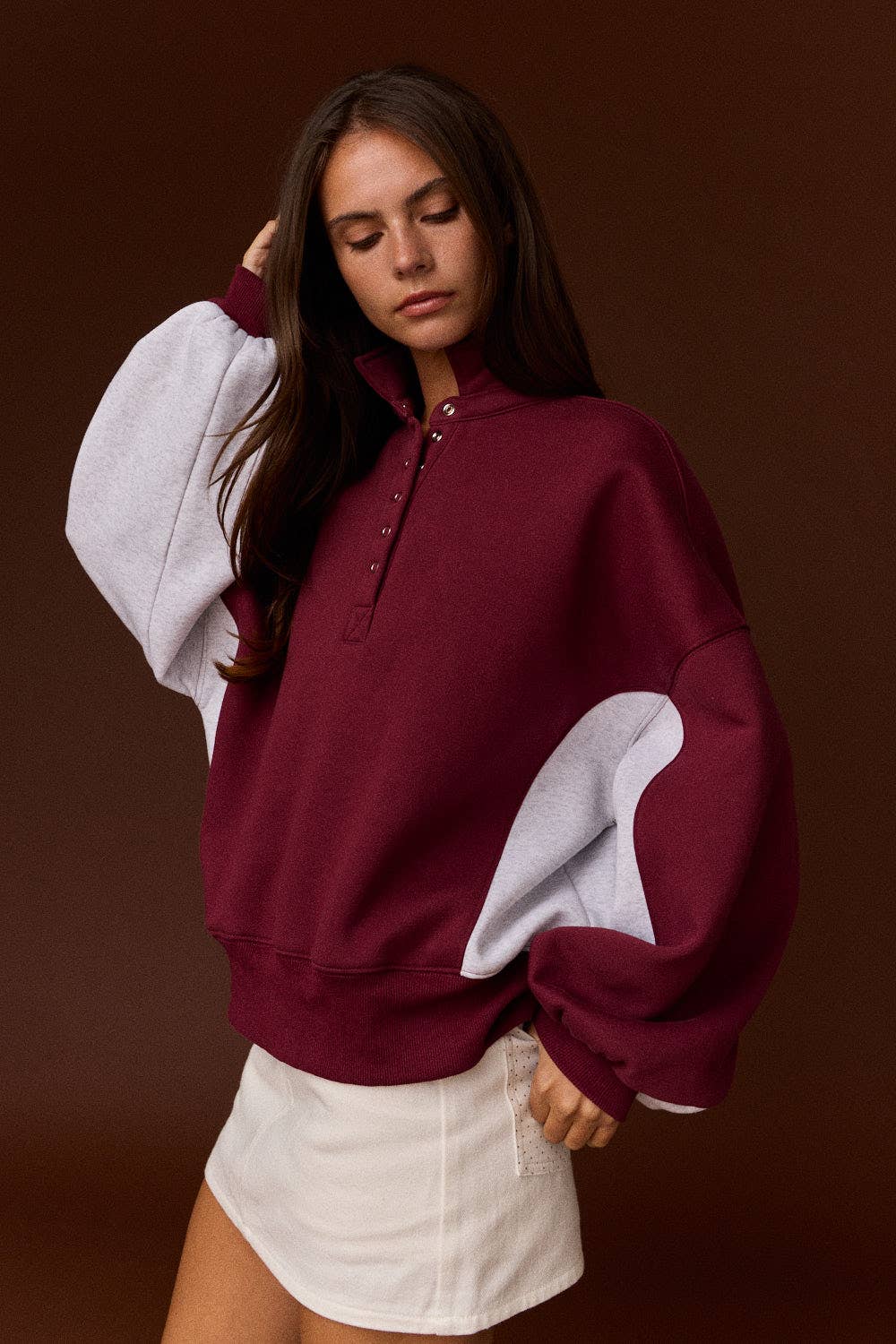 Amy Collar Half-Snap Contrast Sleeve Sweatshirt