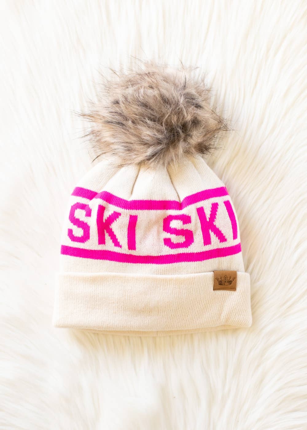 Bea Beige & Pink Ski Pom Hat