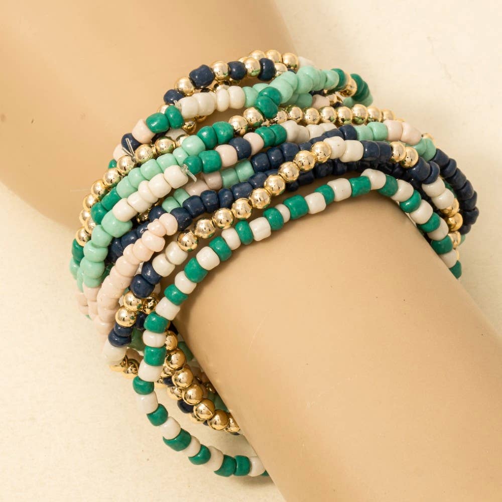 Avery Mixed Mint And Blue Tones Seed Beaded Bracelet Set