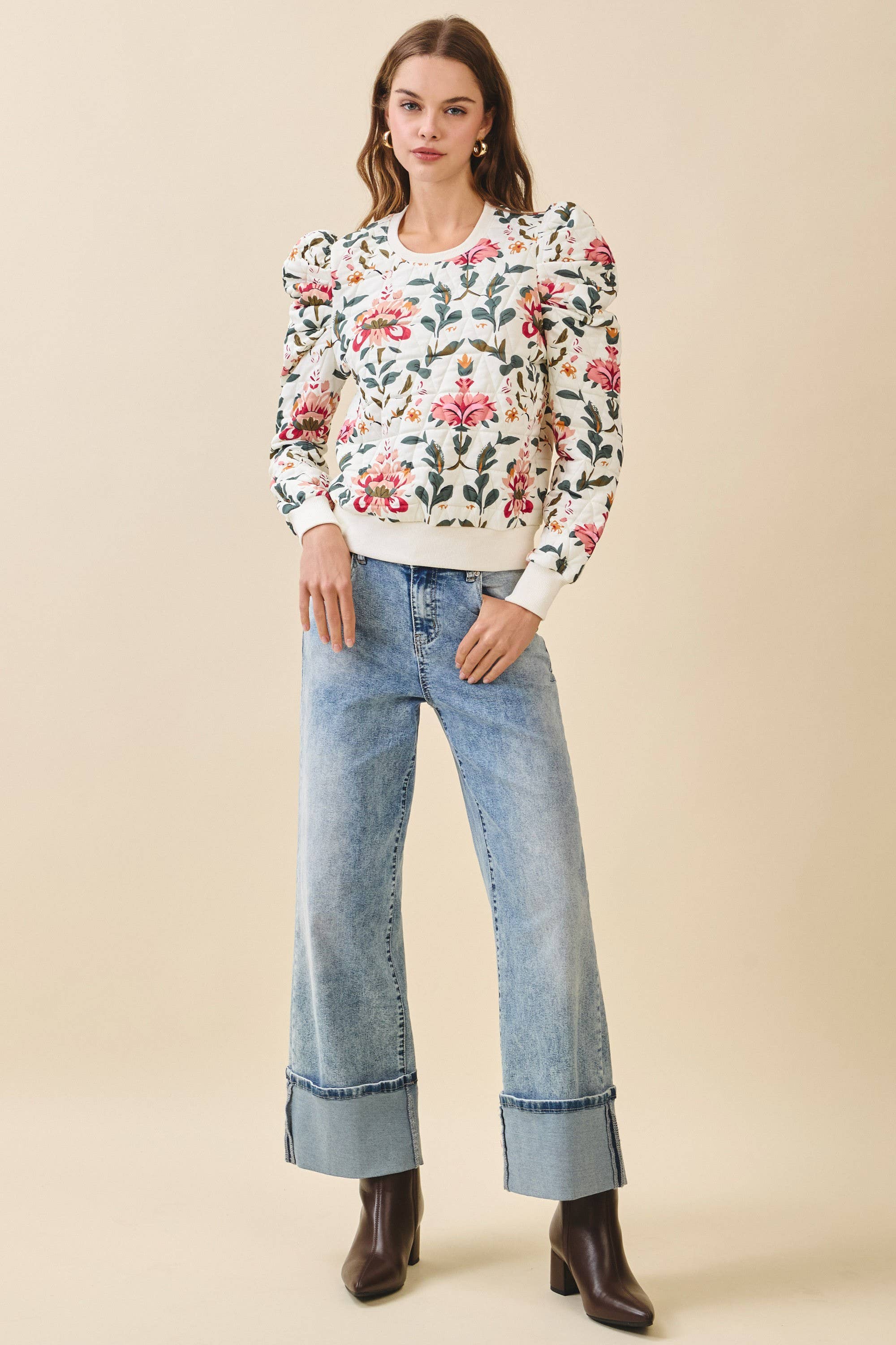 Raya Floral Print Puff Shoulder Sweater