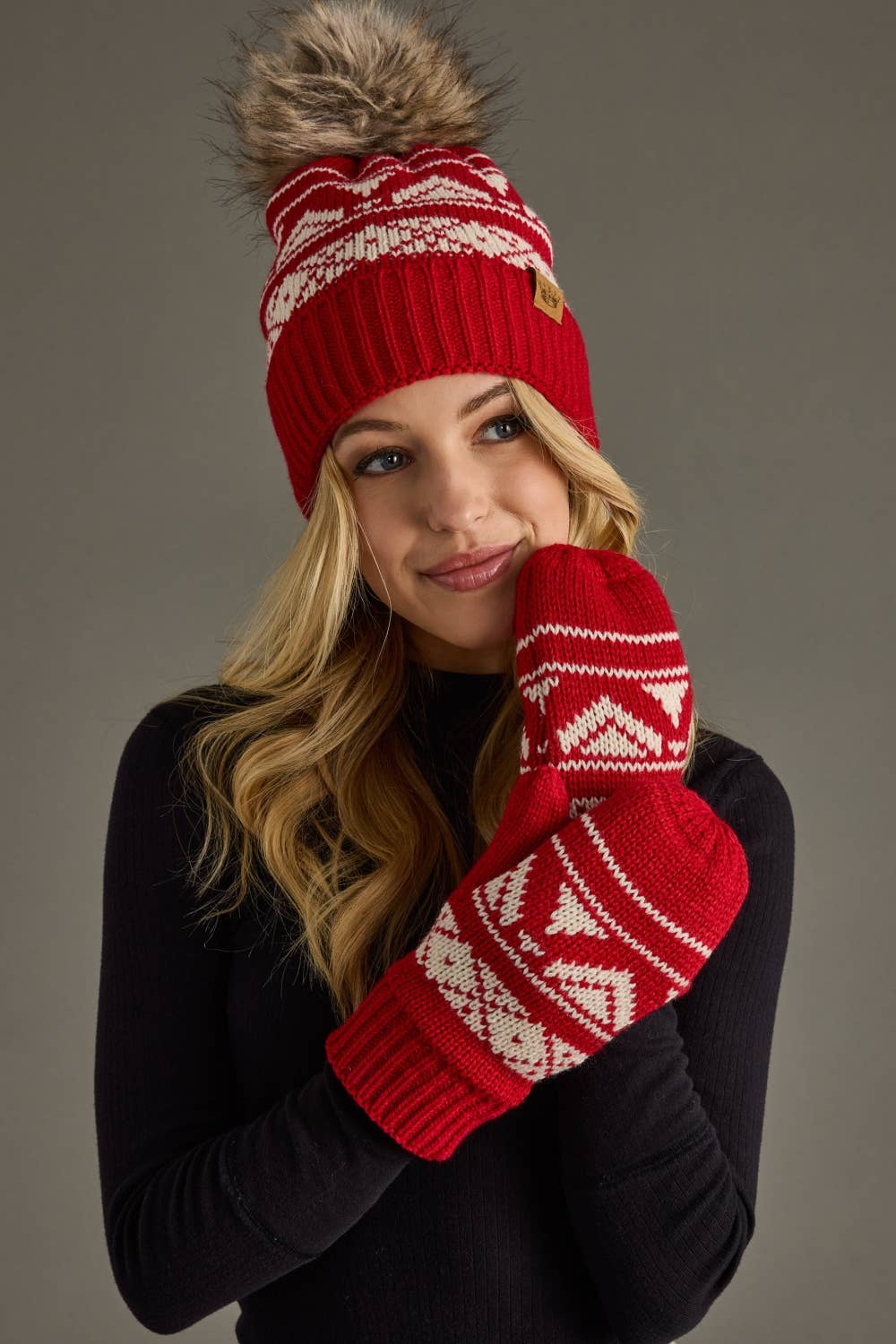 Lara Red & Cream Patterned Pom Hat
