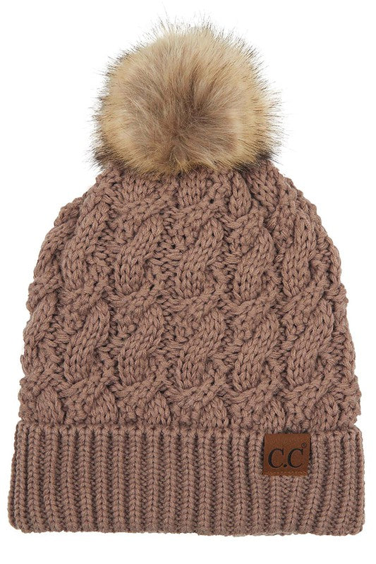 CC Woven Pom Ribbed Knit Beanie Hat