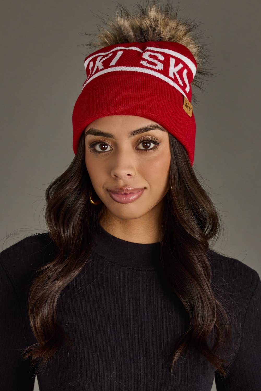 Liz Red & White Ski Pom Hat