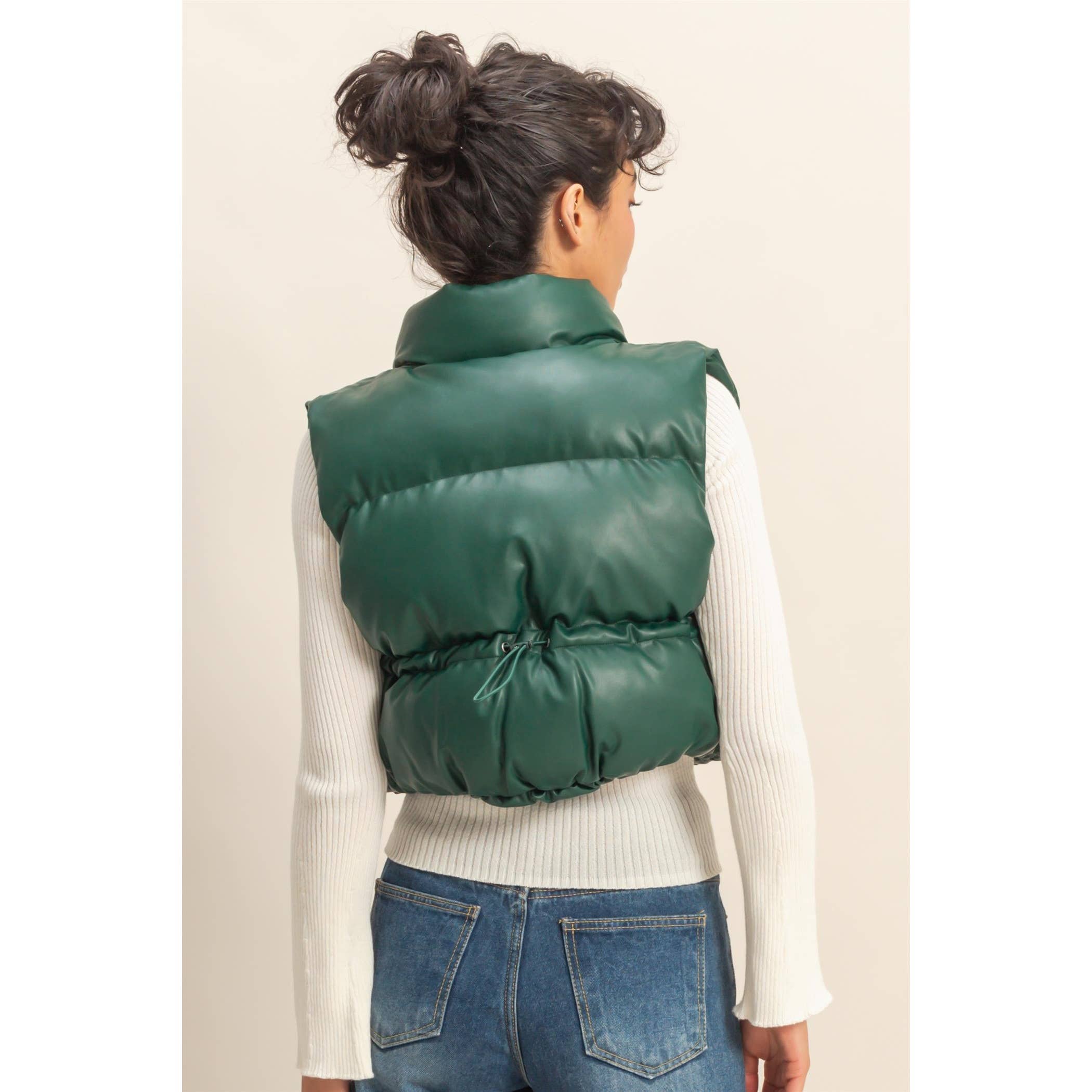 Hayden Faux Leather Cropped Puffer Green Vest