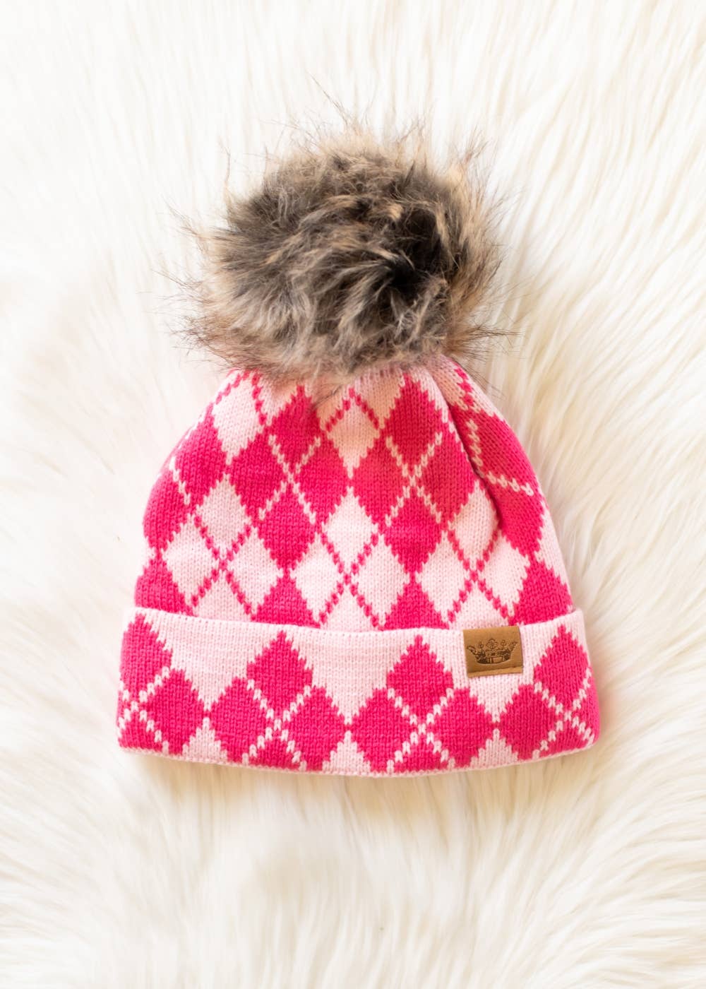 Bav Pink & Blush Argyle Pattern Pom Hat