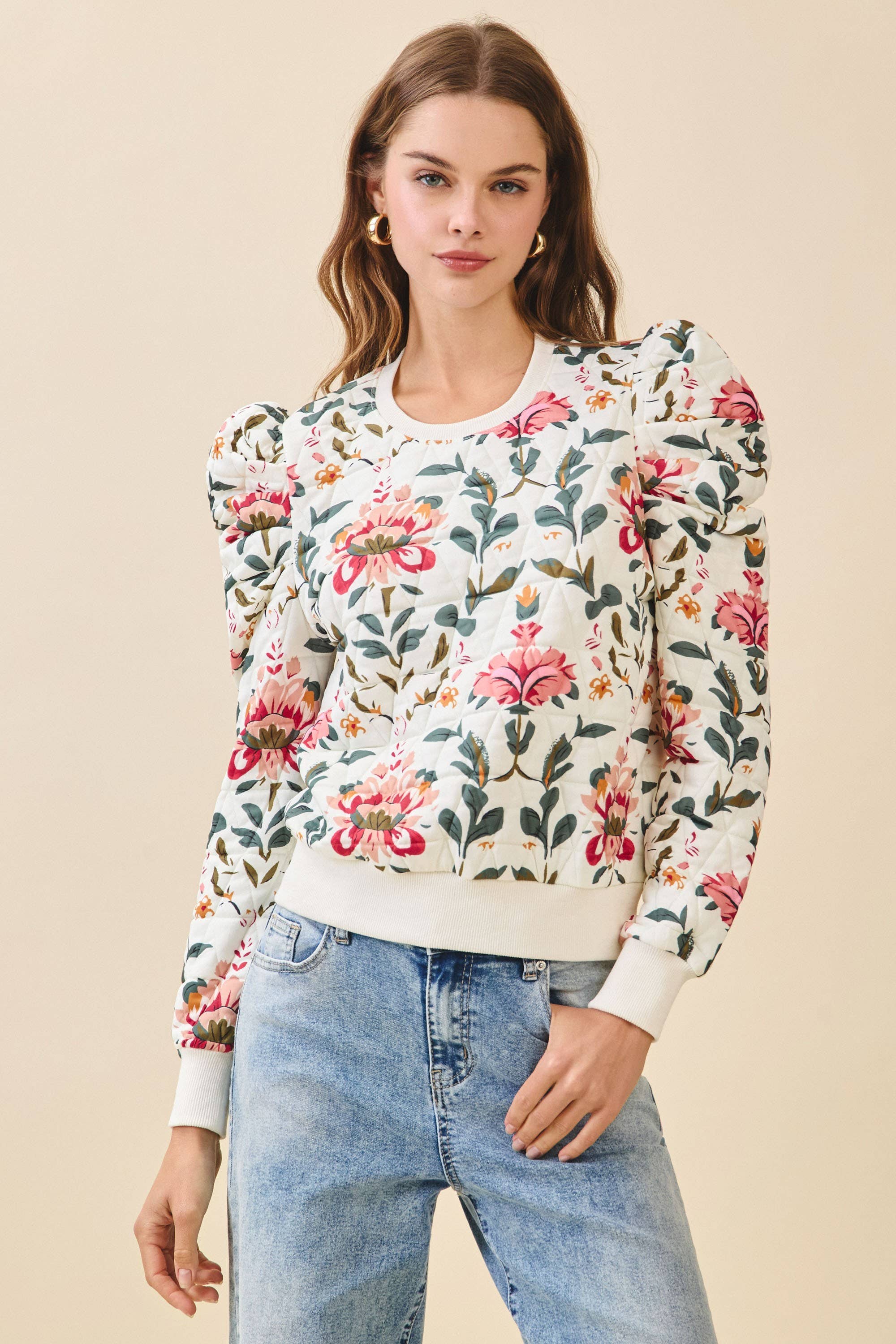 Raya Floral Print Puff Shoulder Sweater