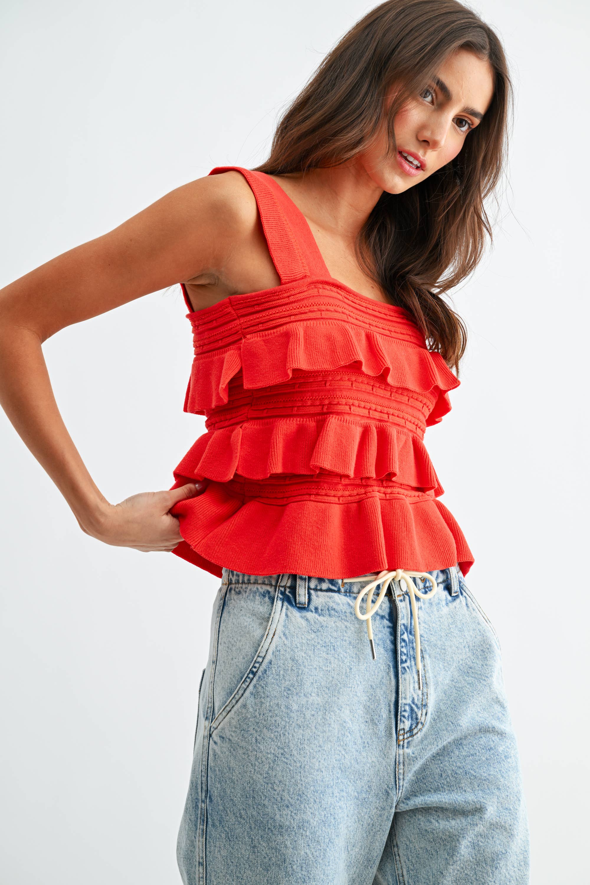 Hollie Red Ruffled Knit Sleeveless Top PREORDER