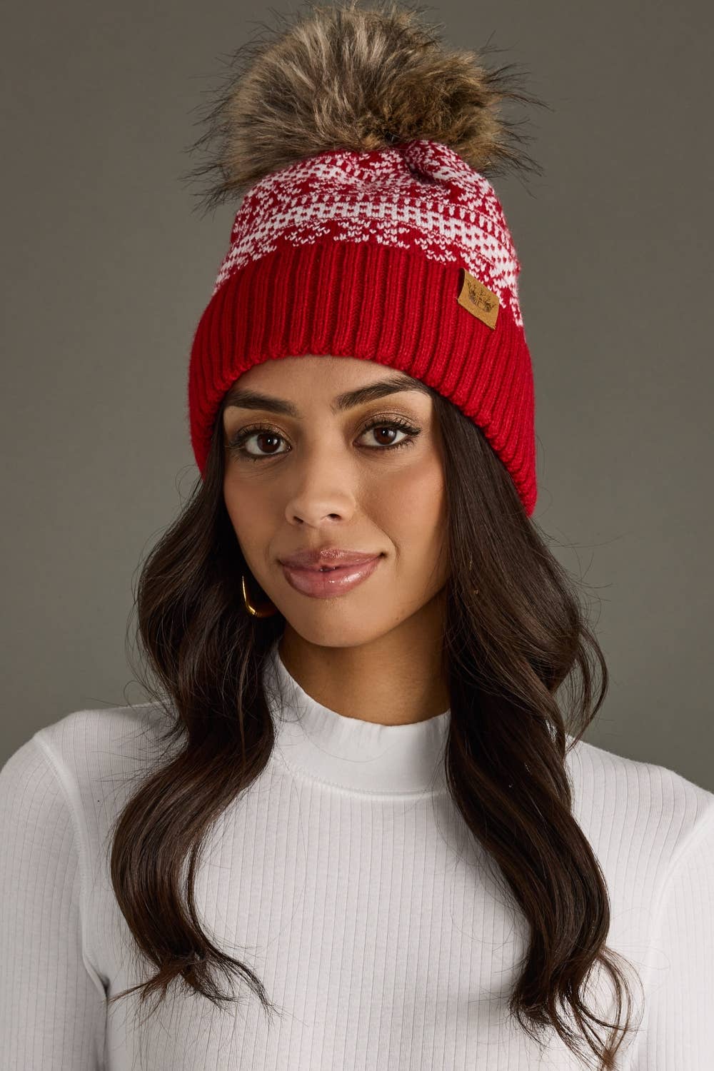 Lora Red & White Winter Pattern Pom Hat