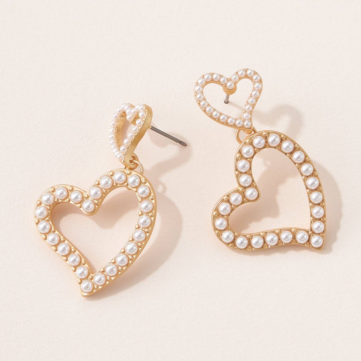 Holter Double Heart Pearl Post Earrings