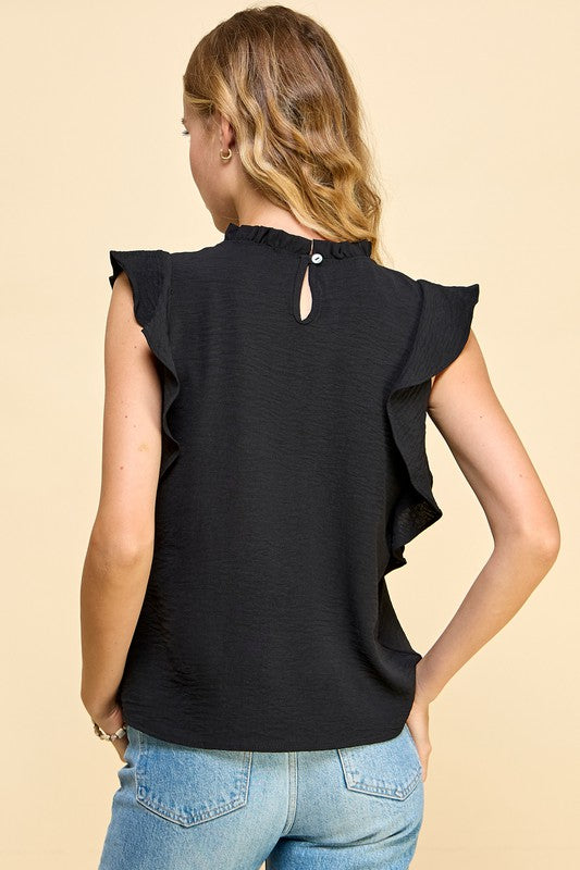 Faust Black Solid Ruffled Neck Top