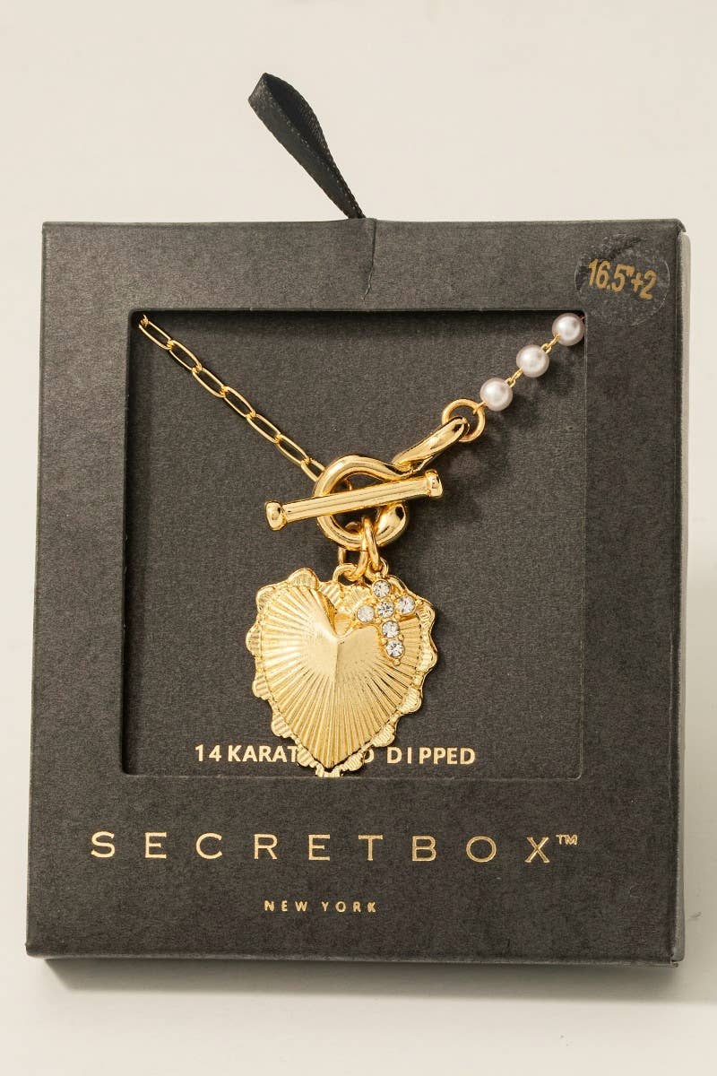 Aviss Secret Box Gold Dipped Heart And Cross Toggle Chain Necklace