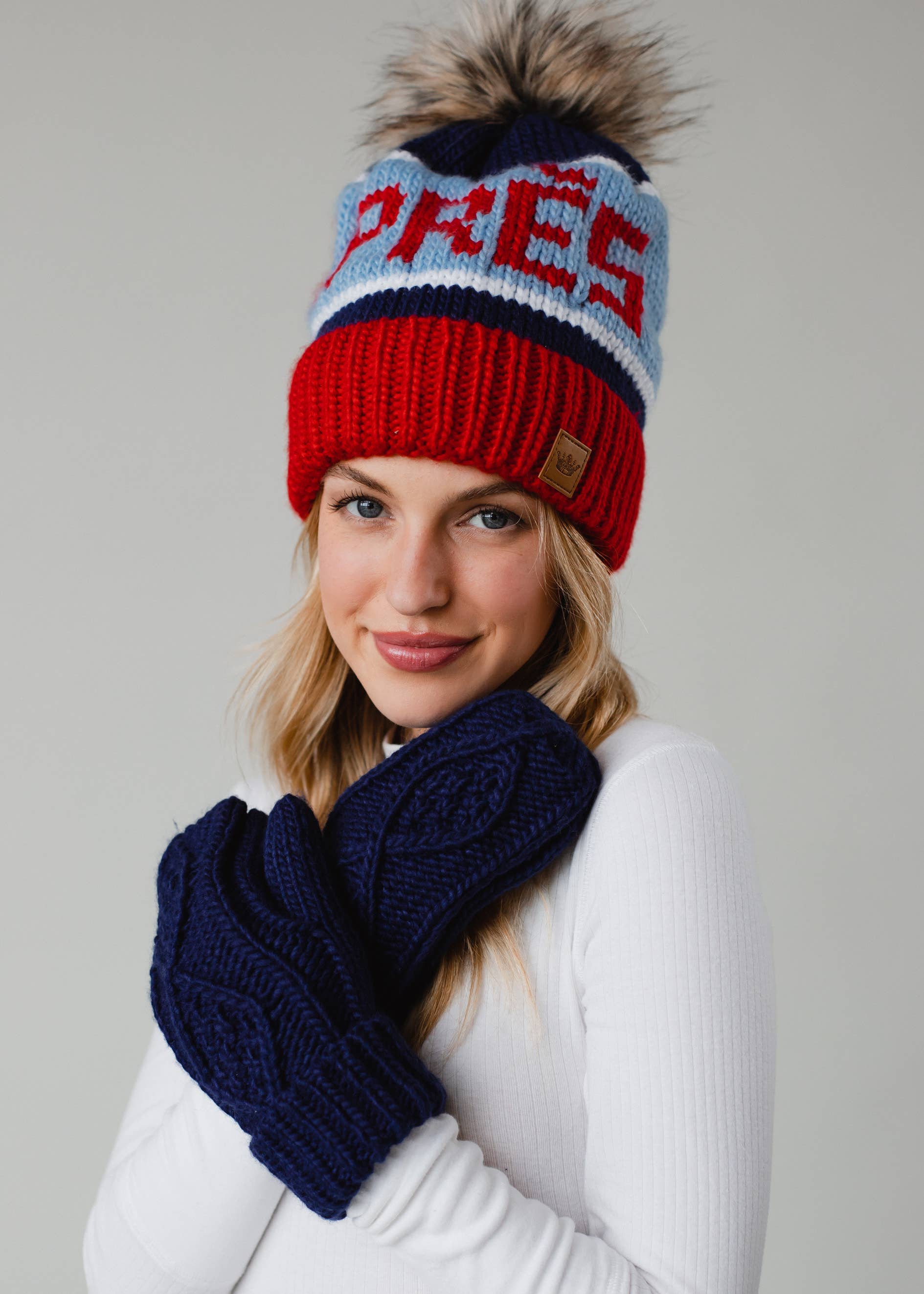 Livi Red, Lt. Blue & Navy Apres Pom Hat