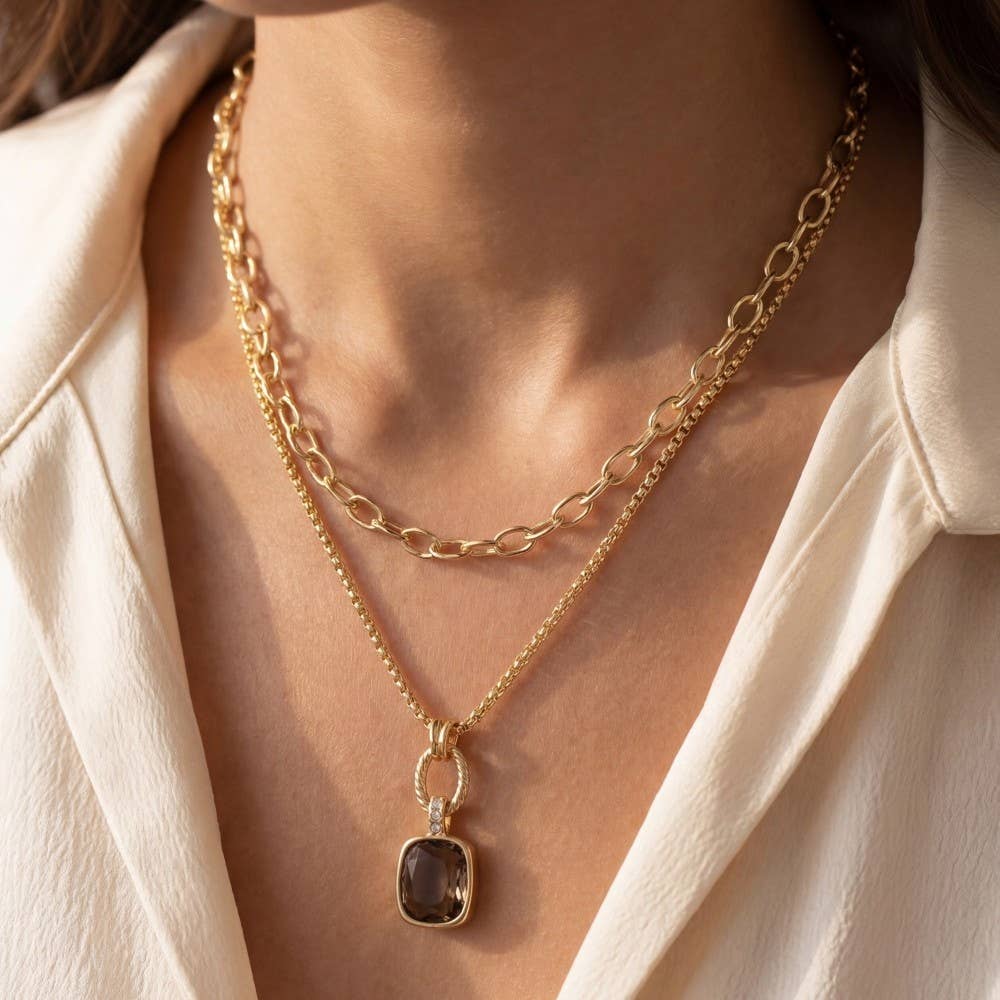 Rufus Double Layered Chain Crystal Square Pendant Necklace