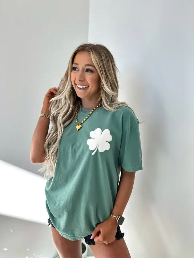 Clover Pocket Light Green Graphic Tee FINAL SALE