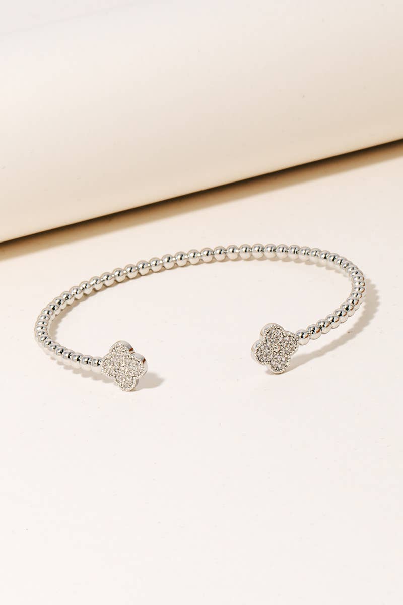 Seller Double Cz Pave Clovers Solid Ball Bead Cuff Bracelet