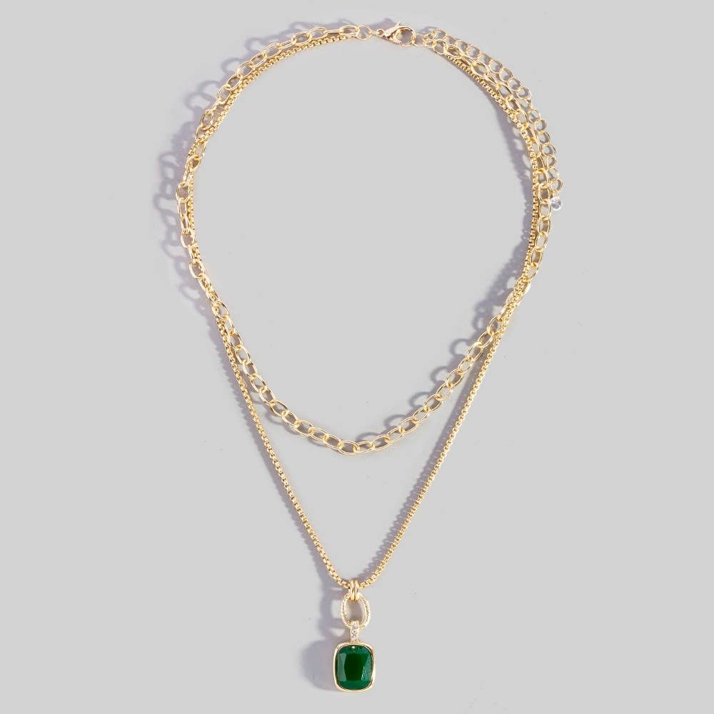 Rufus Double Layered Chain Crystal Square Pendant Necklace