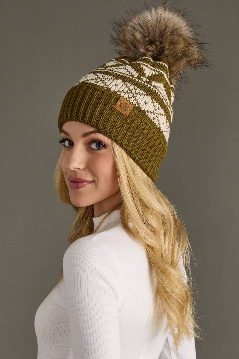 Loe Olive & Cream Patterned Pom Hat