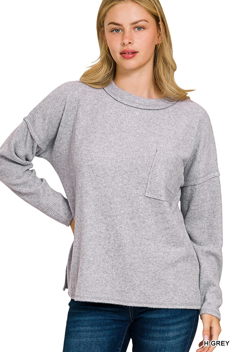 Mary Grey Pocket Ribbed Fleece Top