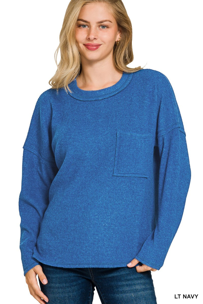 Mary Navy Pocket Ribbed Fleece Top