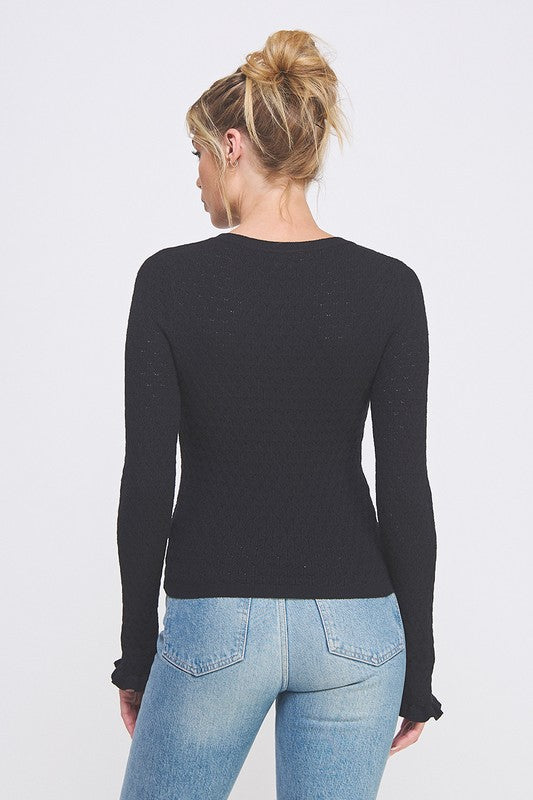 Folly Black Pointelle Ruffle Sweater