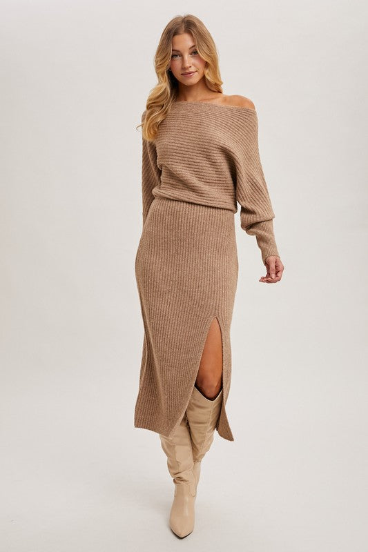 Sicily Off Shoulder Slit Midi Knit Sweater Dress
