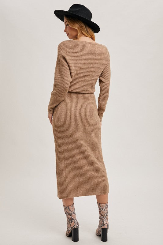 Sicily Off Shoulder Slit Midi Knit Sweater Dress