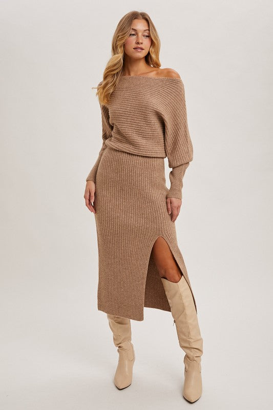 Sicily Off Shoulder Slit Midi Knit Sweater Dress