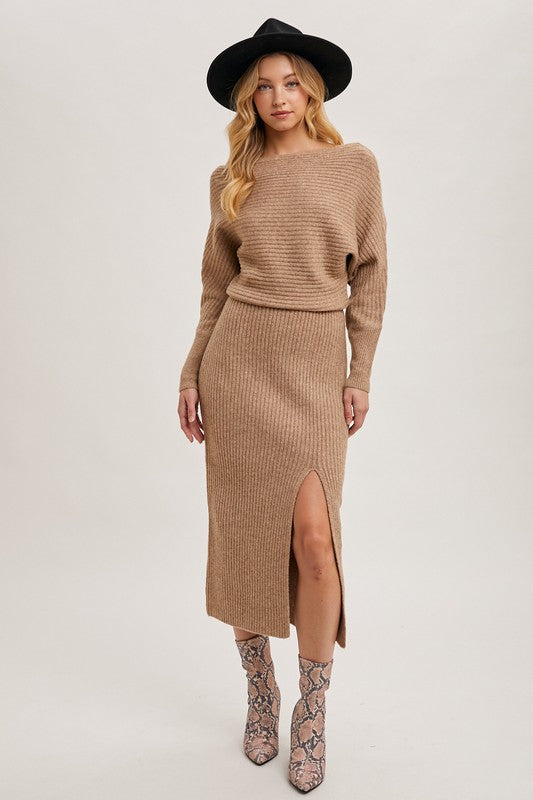 Sicily Off Shoulder Slit Midi Knit Sweater Dress