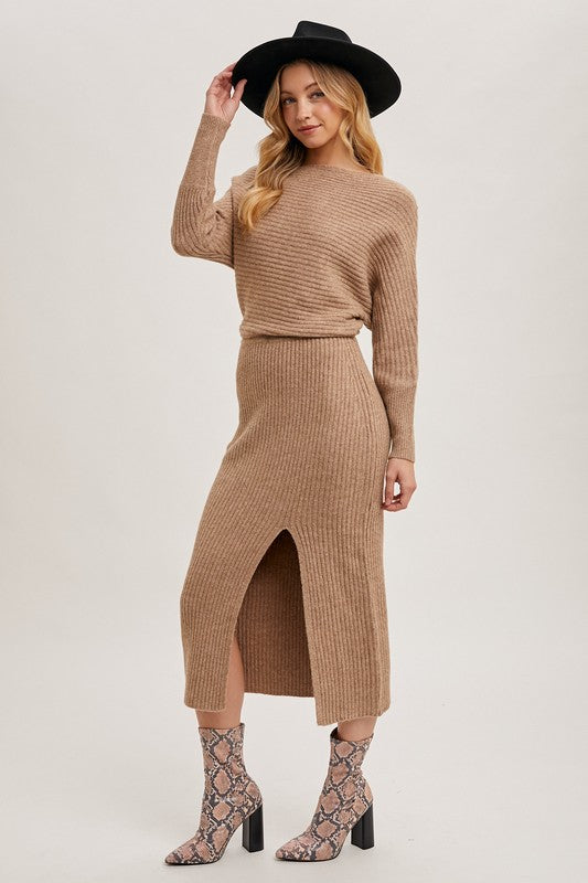 Sicily Off Shoulder Slit Midi Knit Sweater Dress