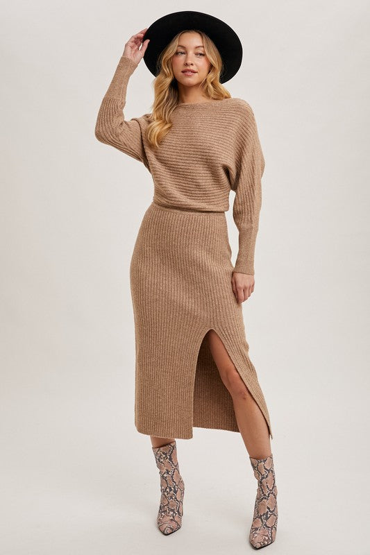 Sicily Off Shoulder Slit Midi Knit Sweater Dress