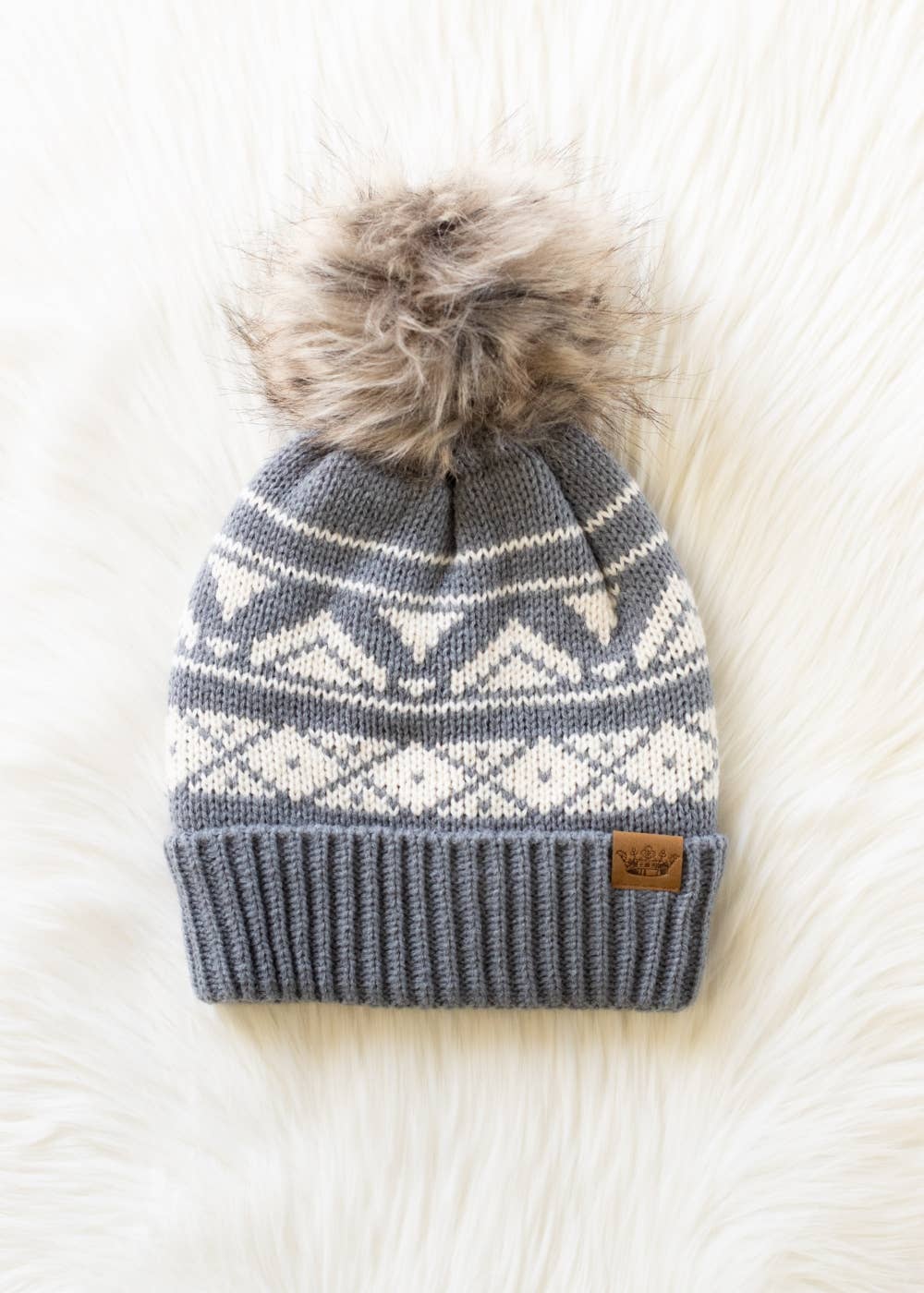 Lilly Gray & Cream Patterned Pom Hat