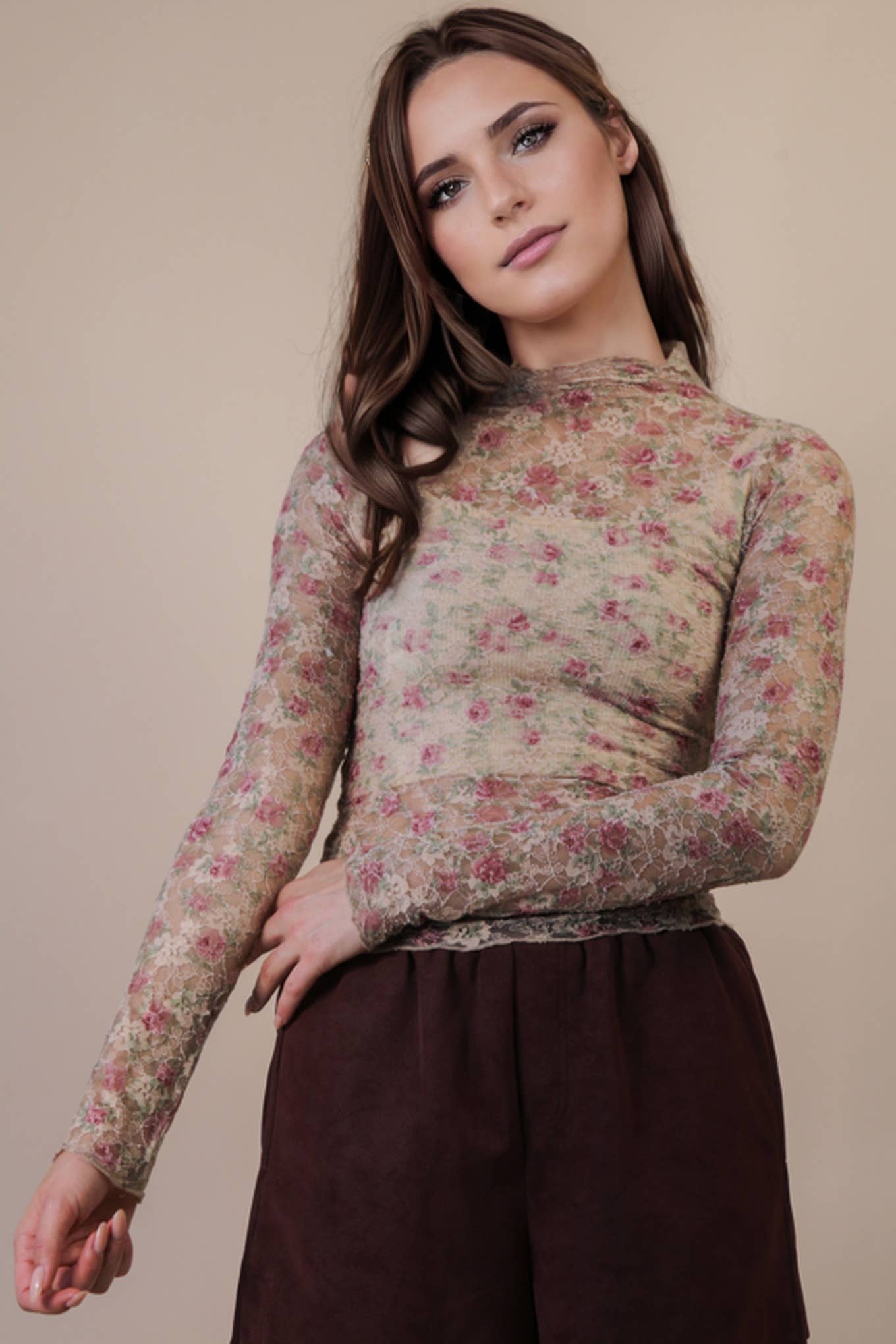 Kole Fitted Sheer Mesh Lace Knit Top