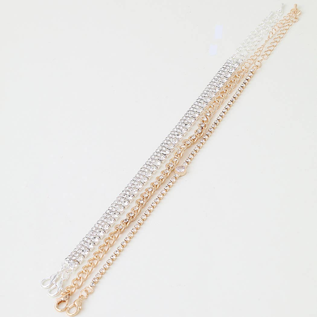 Via Two Tone Mixed Rhinestone & Chain Stacking Bracelet Set