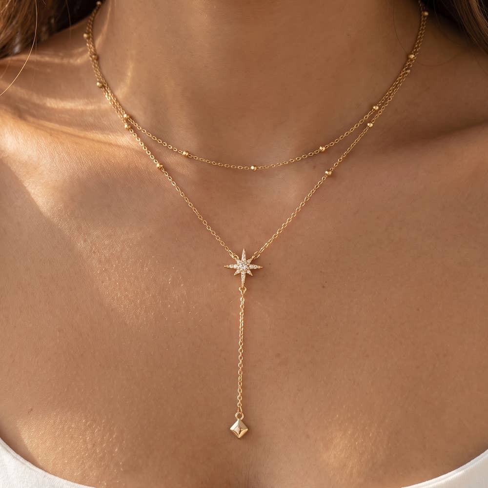 Sally Layered Pave Star Station Chain Y Necklace