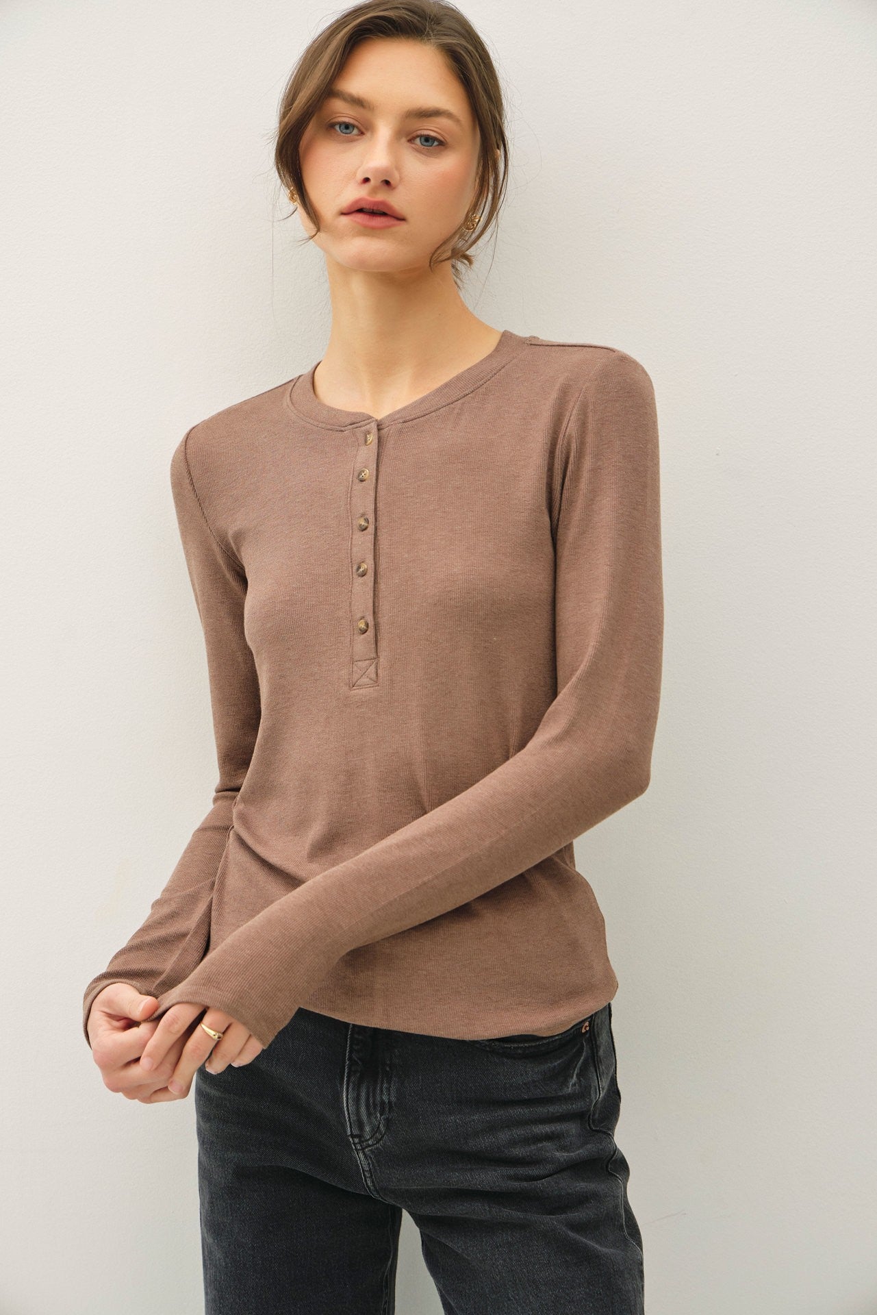 Nate Ribbed Henley Long Sleeve Top