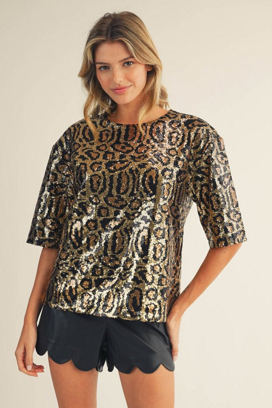 Bessie Animal Print Sequin Top